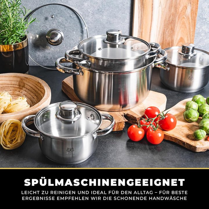 Topfset Induktion 5-teilig, Kochtopf Set mit Glasdeckel, Edelstahl mattiert, Induktions Töpfe Set un