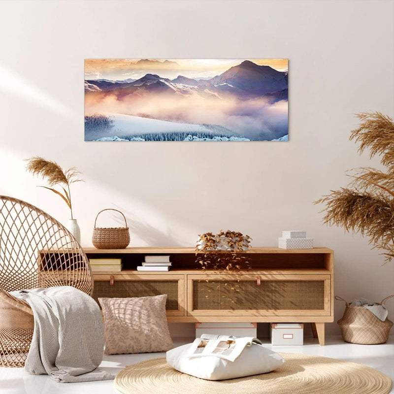 Wandbilder Dekoration Wohnzimmer Berge Schnee Winter Panorama Bilder auf Leinwand 120x50cm Leinwandb