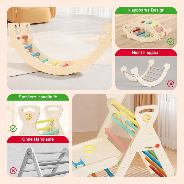 Pikler Dreieck 8-in-1 klappbar, Montessori Klettergerüst Indoor aus Holz mit Rutsche, Kletterbogen u