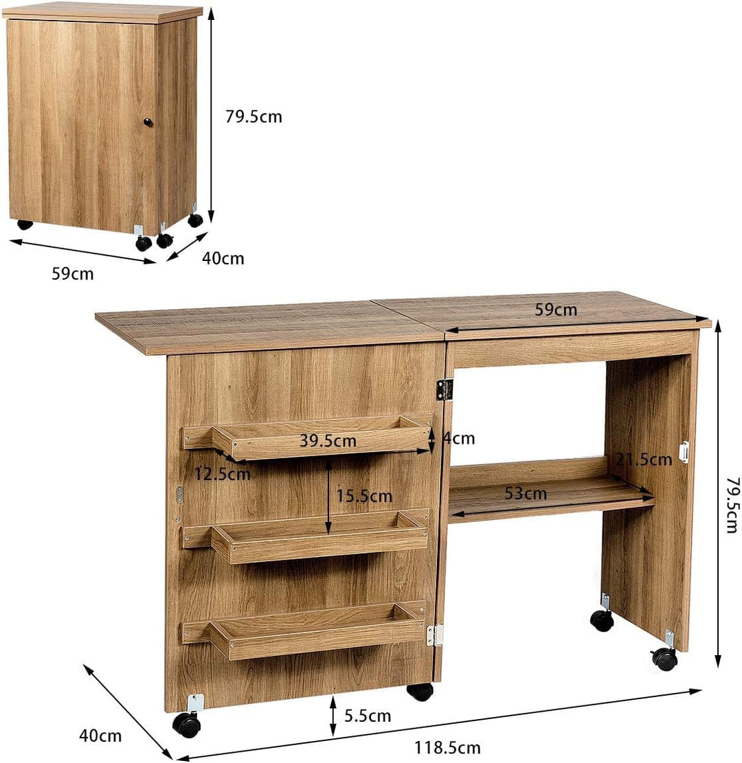FANTASK Holz Nähschrank & Schreibtisch klappbar, Natur Nähtisch mit 3 Einlegeböden für Spulen, Nähti