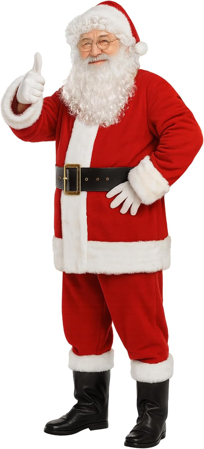 Weihnachtsmann Kostüm für Männer Deluxe Erwachsene Santa Anzug Herren Rot 10 teilig Professionelles
