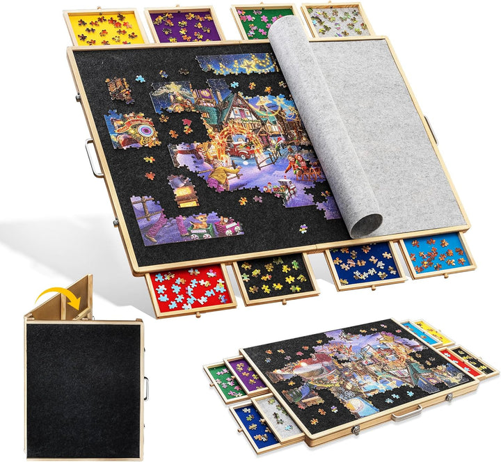 Tektalk faltbares Puzzlebrett für bis zu 2000 Puzzleteile, mit 8 Sortierschalen/Schubladen, Puzzleti