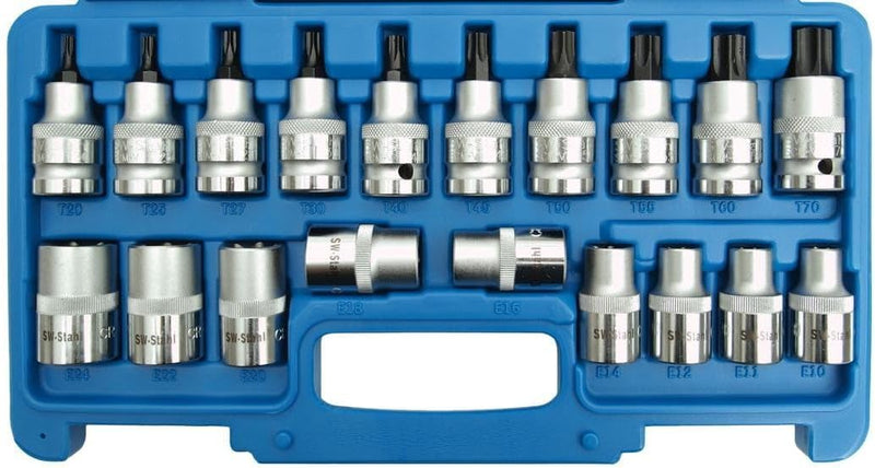 SW-Stahl Schraubendreheinsätze T und E-Profil, 19-teilig, 1/2 Zoll T 30 - T 70 / E 10 - E 24, 04180L