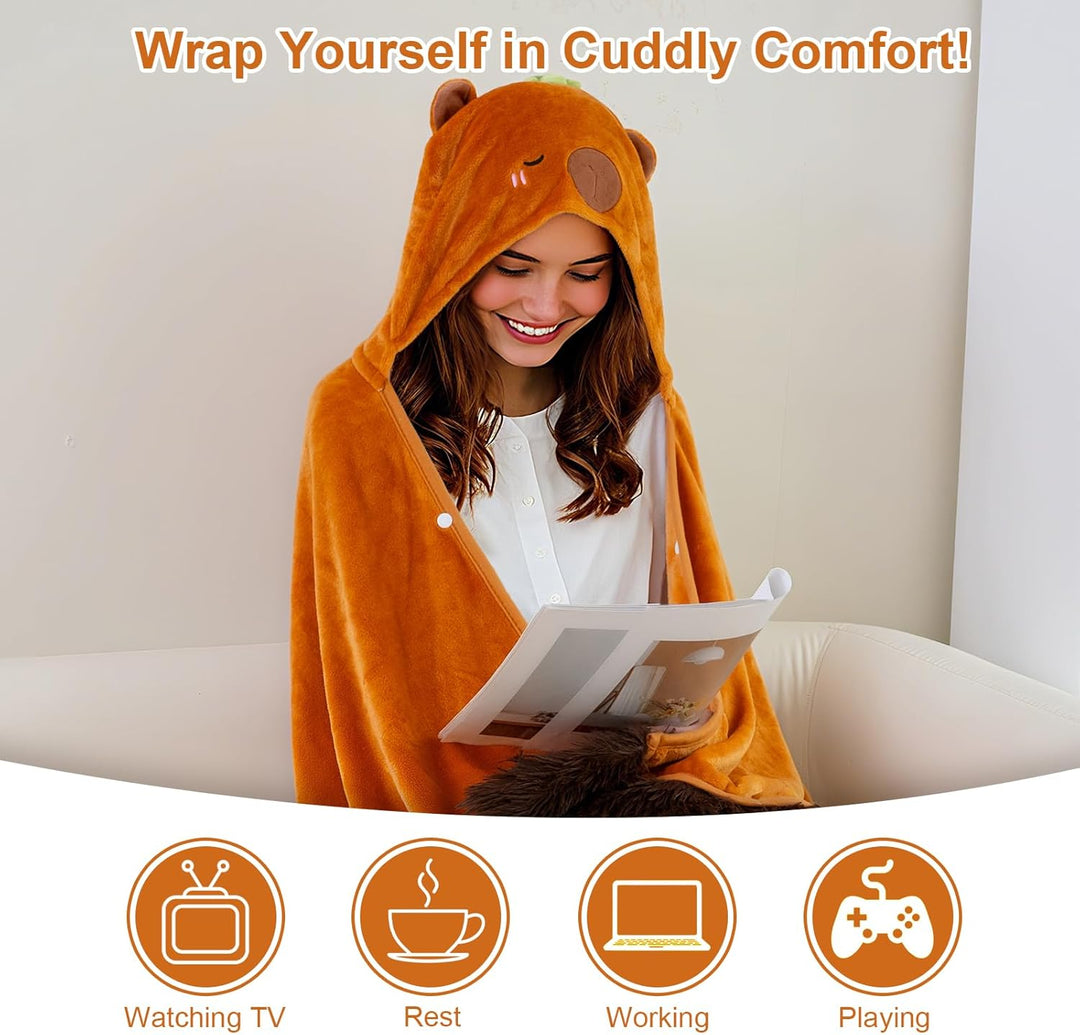 SQEQE Tragbare Decken mit Kapuze und Handschuhen Hoodie Decke Sofadecke Cartoon Kuscheldecke für Dam