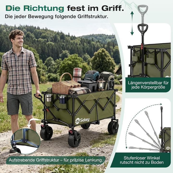 Sekey XXL Plus Bollerwagen Faltbar mit Bremsen 200L 200KG Belastbar, Extra Breite Reifen All Terrain