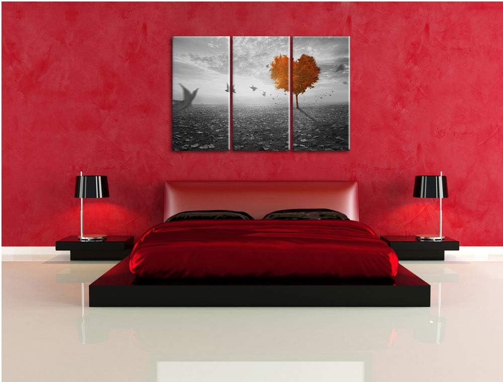 Pixxprint Roter Herzbaum im Herbst als Leinwandbild | Grösse: 3 Teilig (120x80) | Wandbild| Kunstdru