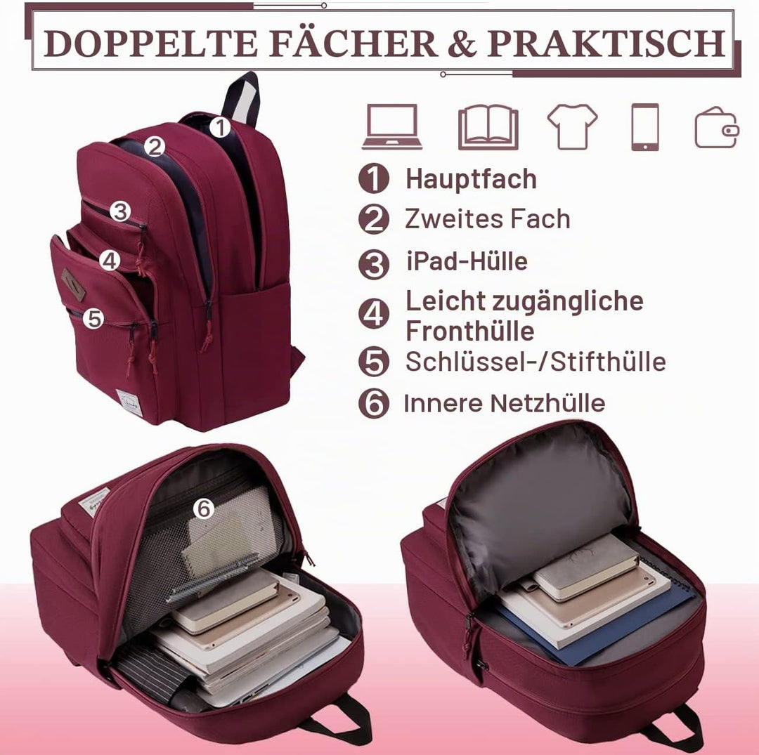 Rucksack Herren Dame, VASCHY Schulrucksack Teenager Kinder 21L Handgepäck Burgunderfarben, Burgunder