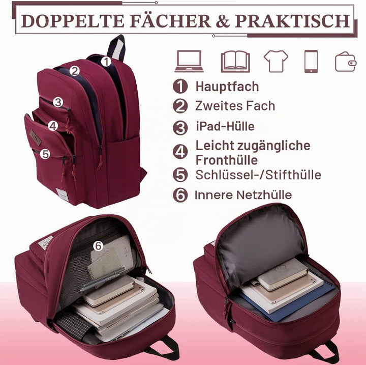 Rucksack Herren Dame, VASCHY Schulrucksack Teenager Kinder 21L Handgepäck Burgunderfarben, Burgunder