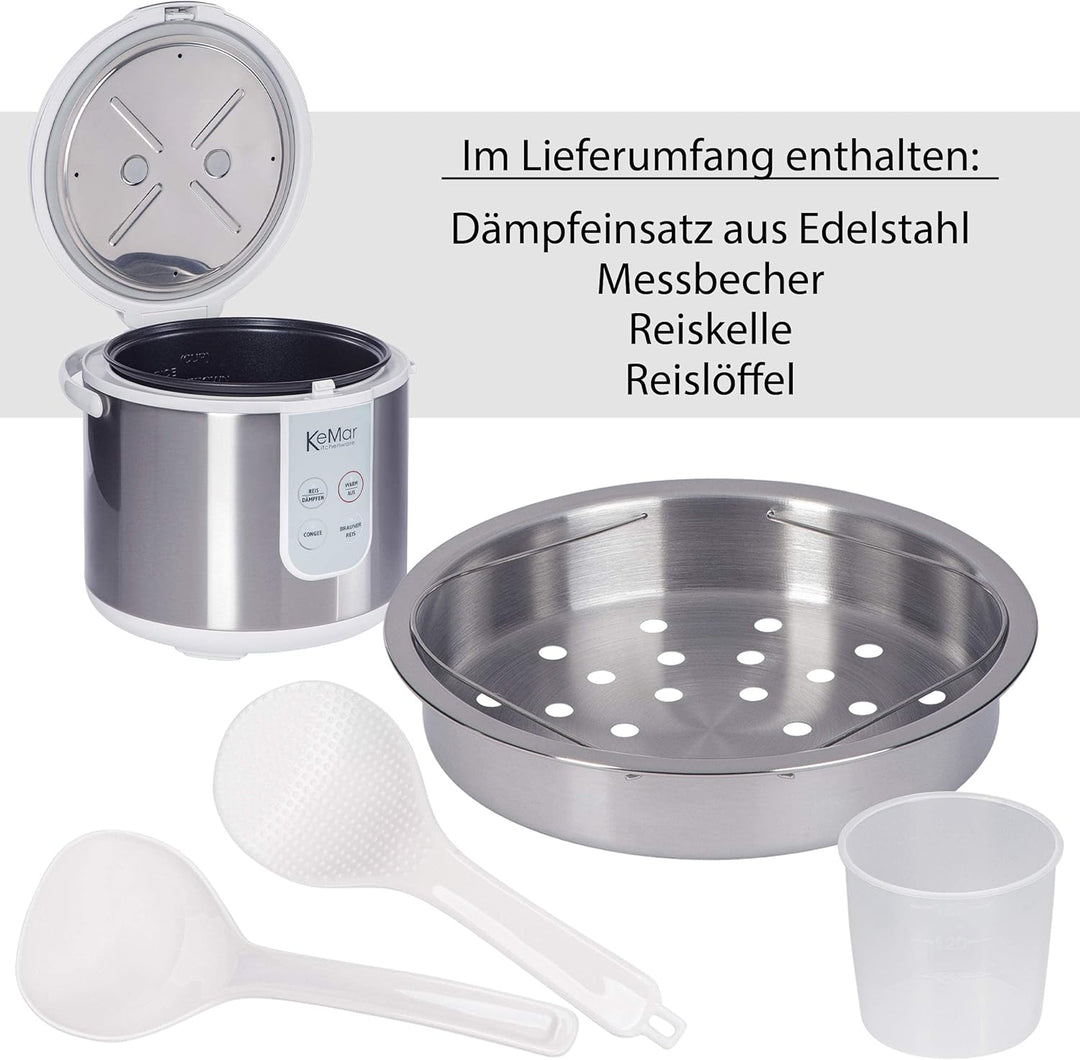 KeMar Reiskocher +GRATIS Essstäbchen (700W, 1,8l, Edelstahl) Brauner Reis, Naturreis - Keramik Besch