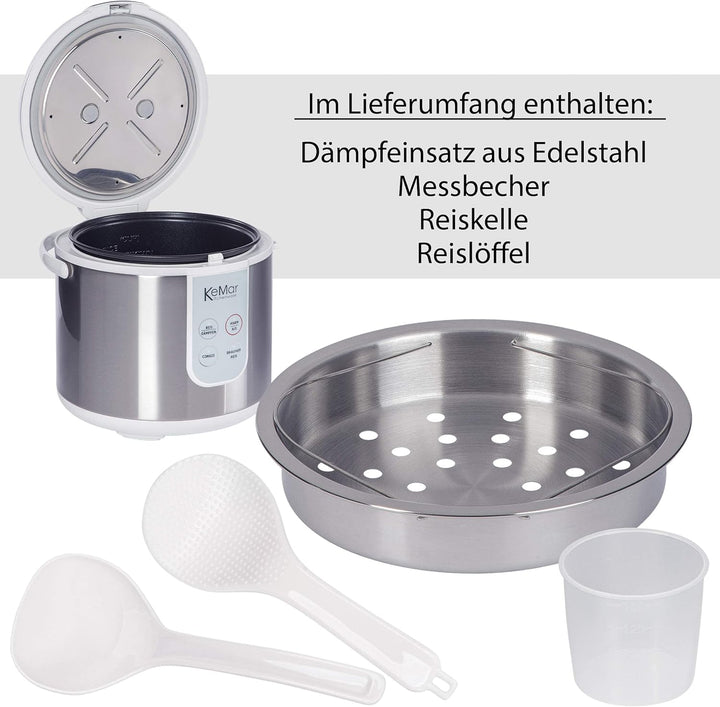 KeMar Reiskocher +GRATIS Essstäbchen (700W, 1,8l, Edelstahl) Brauner Reis, Naturreis - Keramik Besch