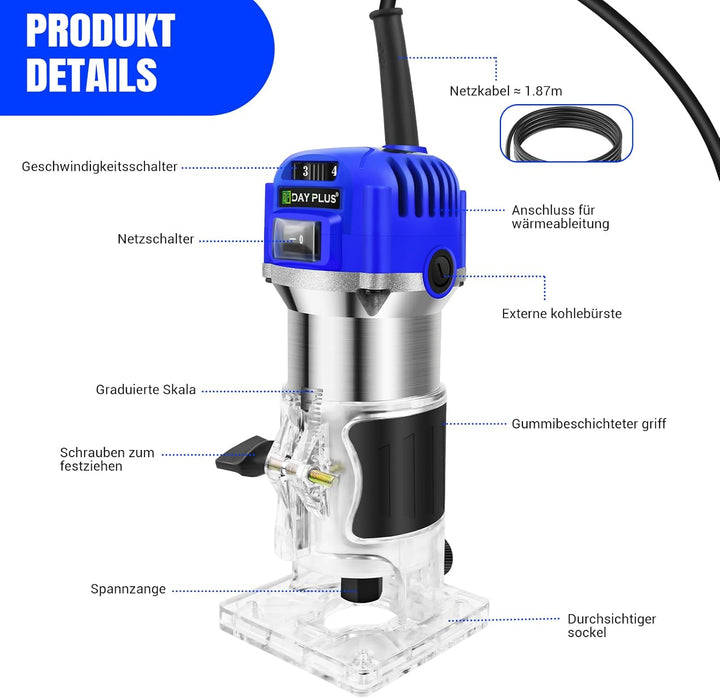 Elektrische Hand Holzfräse Kompakter Handfräser Trimmer, 4000-27000 RPM 6 variable Geschwindigkeiten
