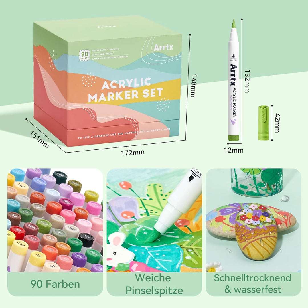 Arrtx Acrylstifte für Steine Wasserfest-90 Farben Pinsel Spitze Naturfarben Acrylmarker für Steinmal