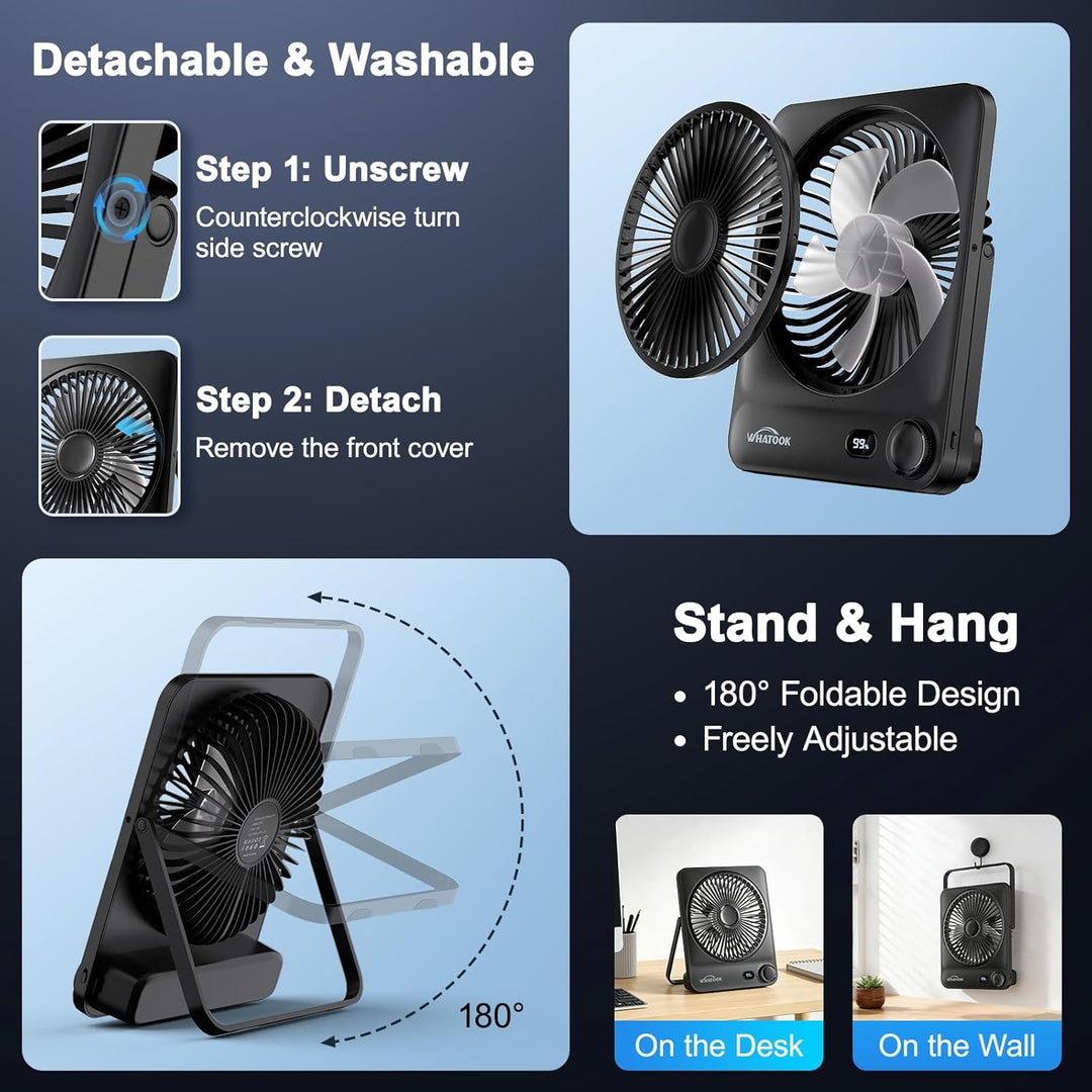 Akku Ventilator 10000mAh 40H mit 100 Stufen: Stufenlos Regulierbarer Tischventilator leise mit Wandh