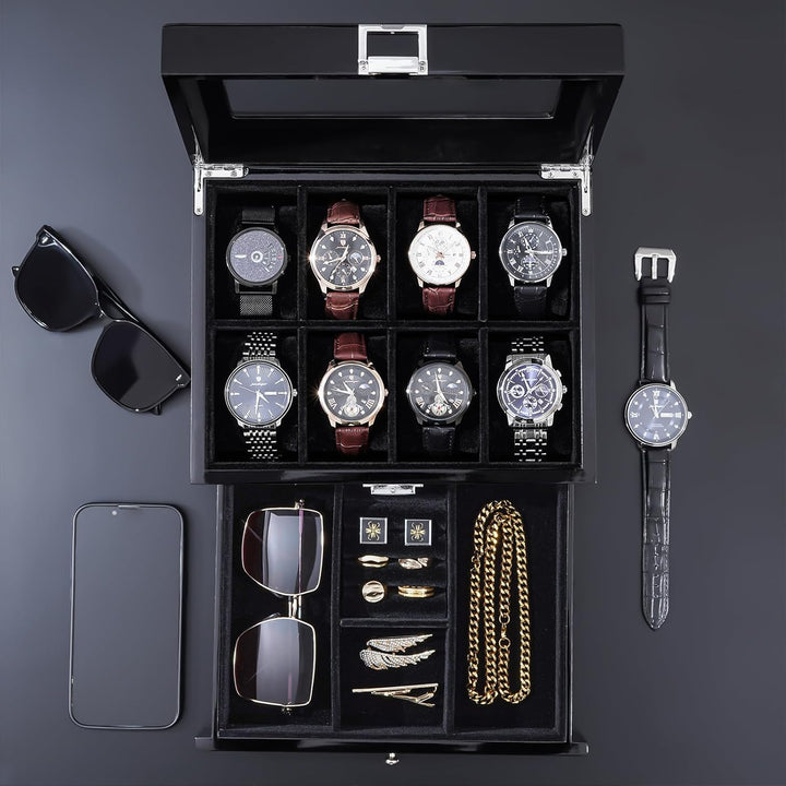 ProCase Uhrenbox mit 8 Fächern, Uhrenkasten Uhrenkoffer mit Glasdeckel Uhrenkissen, Uhrenschatulle f