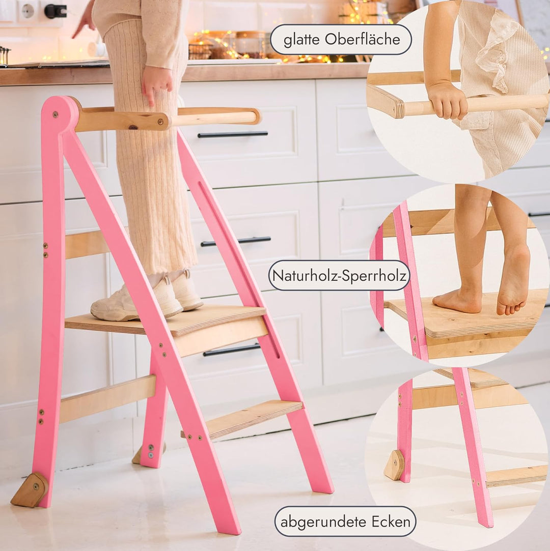 Goodevas Holz Lernleiter Montessori platzsparend: Klappbare Lernleiter, Hocker für Kinder, Faltbare