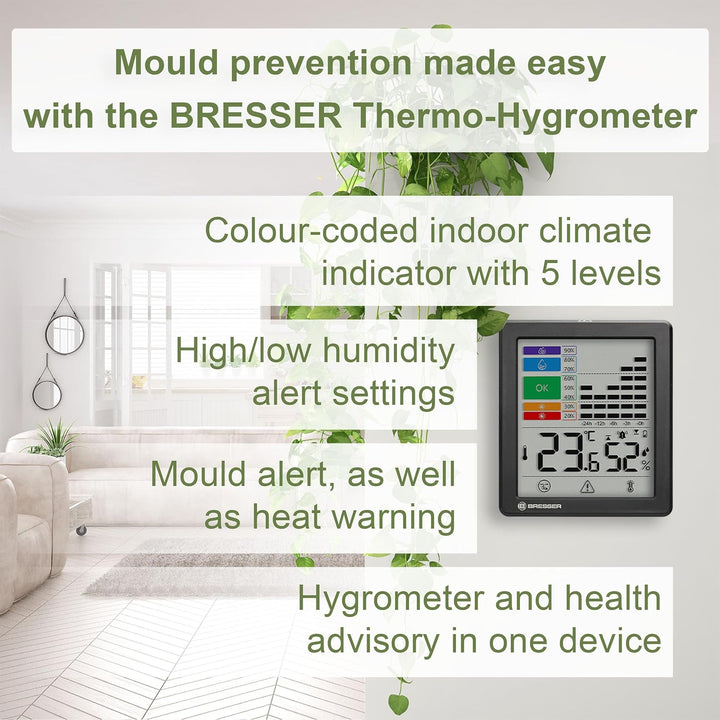 Bresser Thermo-Hygrometer mit Schimmelwarnung, Farb-Indikator, Raumklima-Manager, Misst Temperatur u