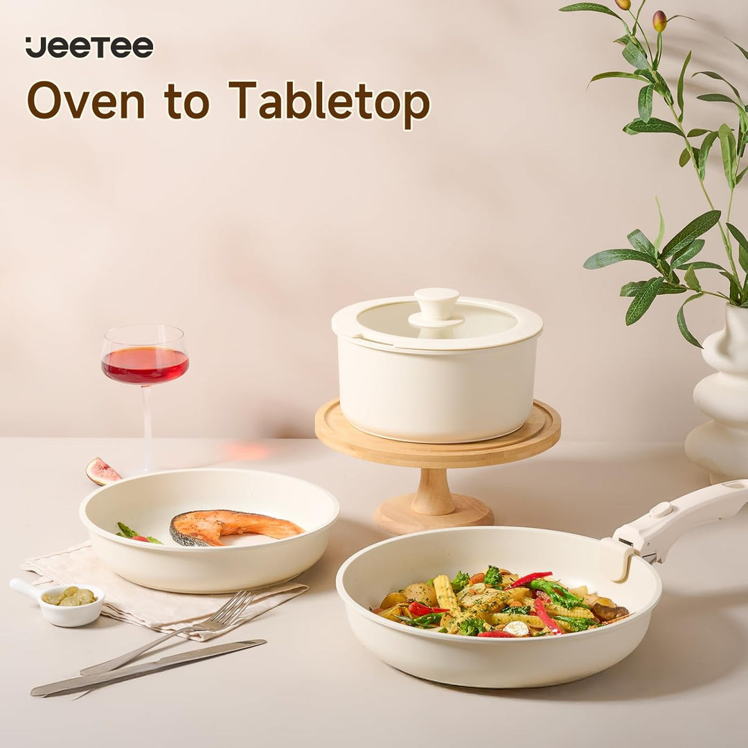 JEETEE Topfset Pfannenset mit abnehmbarem Griff 19-Teilig, Antihaft Topfset Induktion mit Lid, Stape