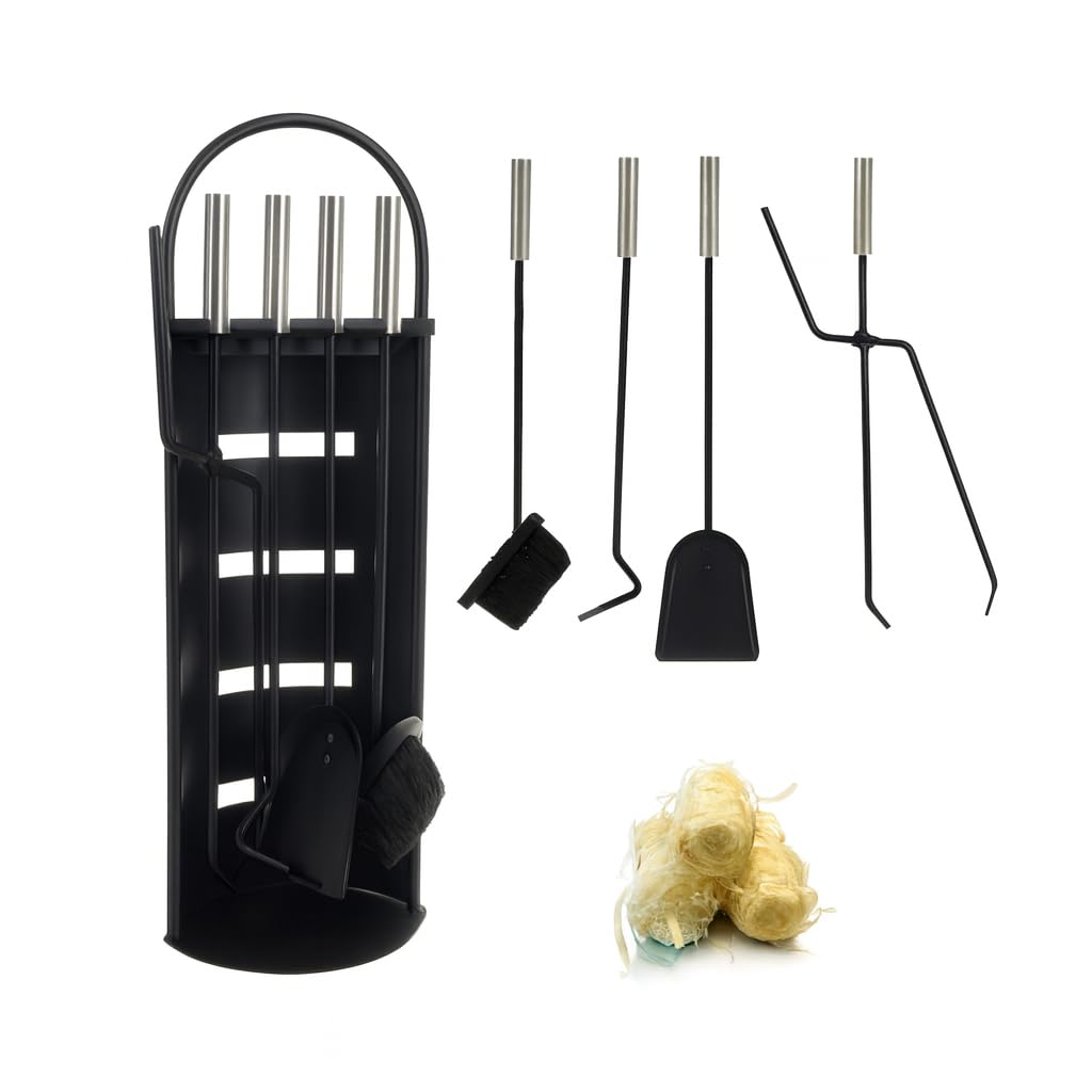Kaminbesteck Kaminzubehör Set Kaminwerkzeug Ofenbesteck Schwarz 5-in-1-Set mit Besen, Schaufel, Eise