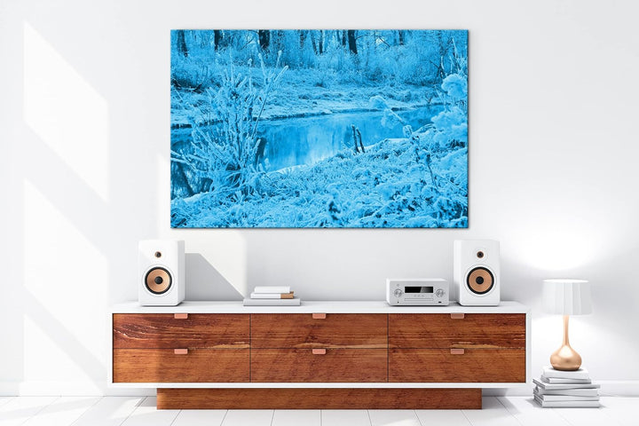 deyoli zugefrorener glänzender Fluss im Winter Format 80x60 Effekt: Monocrome Blau als Leinwandbild,