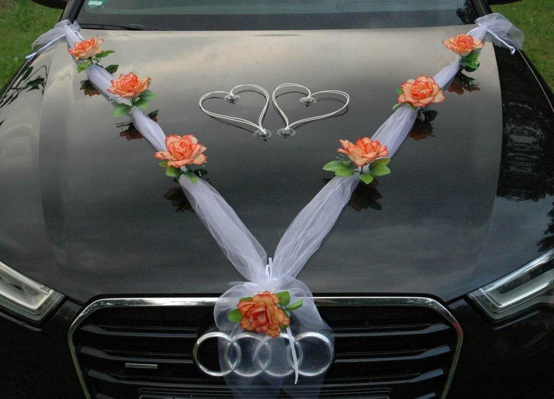 Organza M + Schleife Auto Schmuck Braut Paar Rose Deko Dekoration Autoschmuck Hochzeit Car Auto Wedd