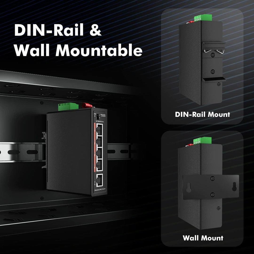 MokerLink 5 Port PoE+ Industrieller DIN-Schienen-Switch, 4 Ports PoE+ IEEE802.3af/at, 1 Uplink, 10/1