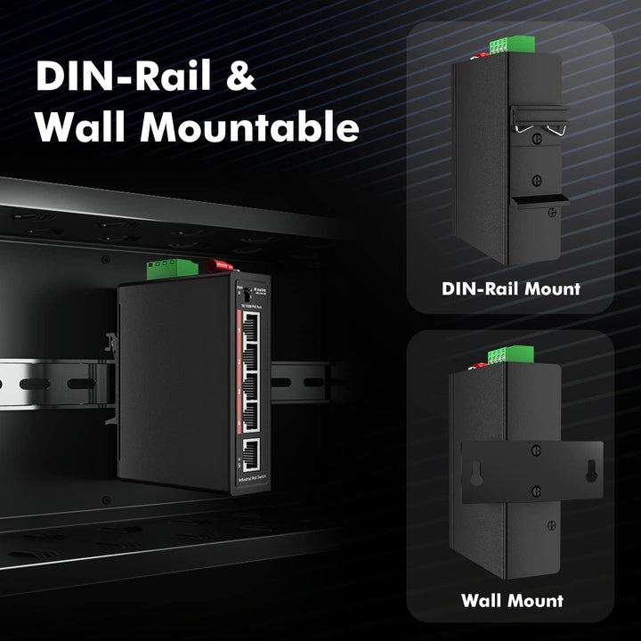 MokerLink 5 Port PoE+ Industrieller DIN-Schienen-Switch, 4 Ports PoE+ IEEE802.3af/at, 1 Uplink, 10/1