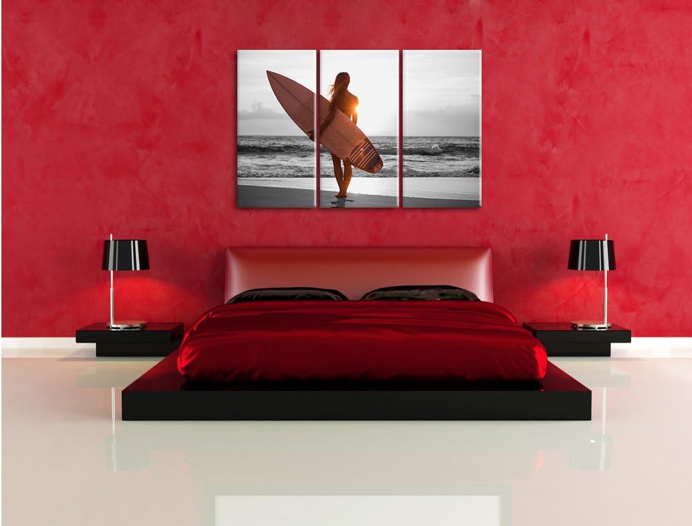 Pixxprint Surferin vor Sonnenuntergang als Leinwandbild | Grösse: 3 Teilig (120x80) | Wandbild| Kuns