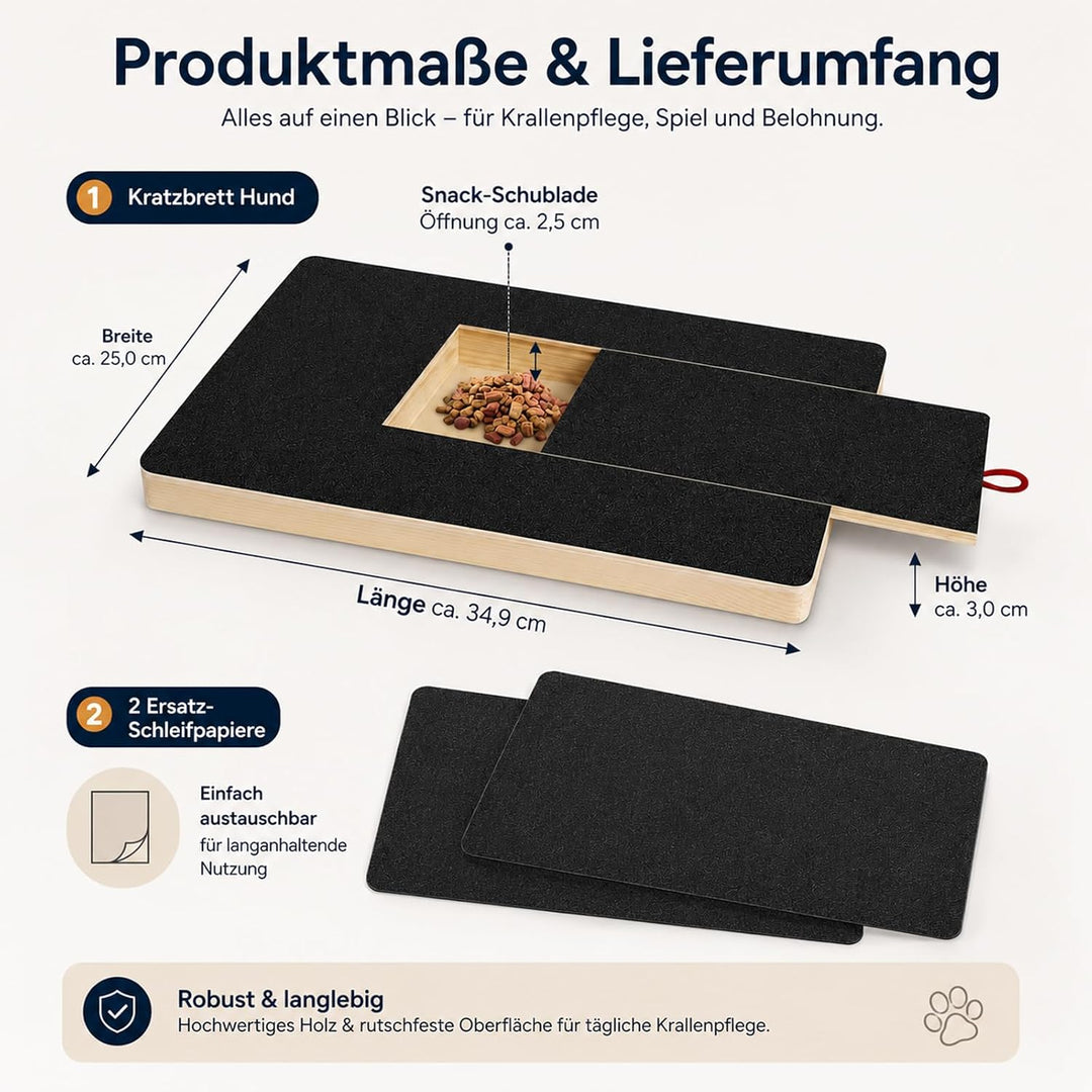 Krallenschleifer für Hunde, Holz Kratzbrett 35x25x3cm mit Leckerlibox | mit 2 Schleifpapieren, stres