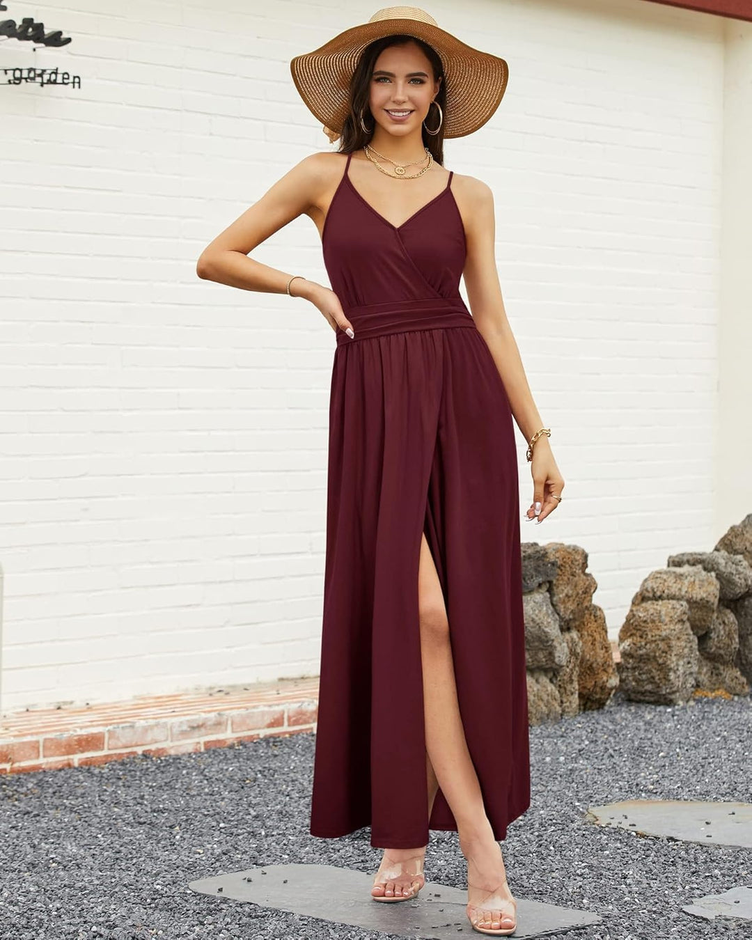 Newshows Sommerkleid Damen Lang Maxikleid Sommer V Ausschnitt Kleid Schlitz Elegant Spaghettiträger