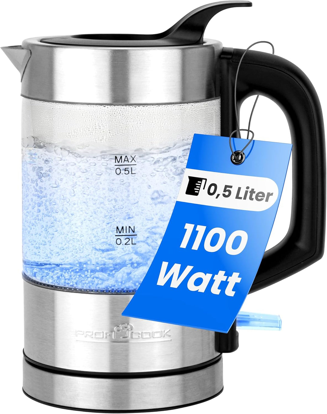 ProfiCook Wasserkocher Edelstahl beleuchtet, 0,5 Liter Mini Wasserkocher mit blauer Beleuchtung, Tee