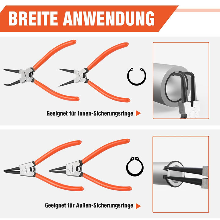 ValueMax Sprengringzangensatz 4tlg.,Sicherungsringzange Set 180mm mit Tasche, für Innen- und Aussens