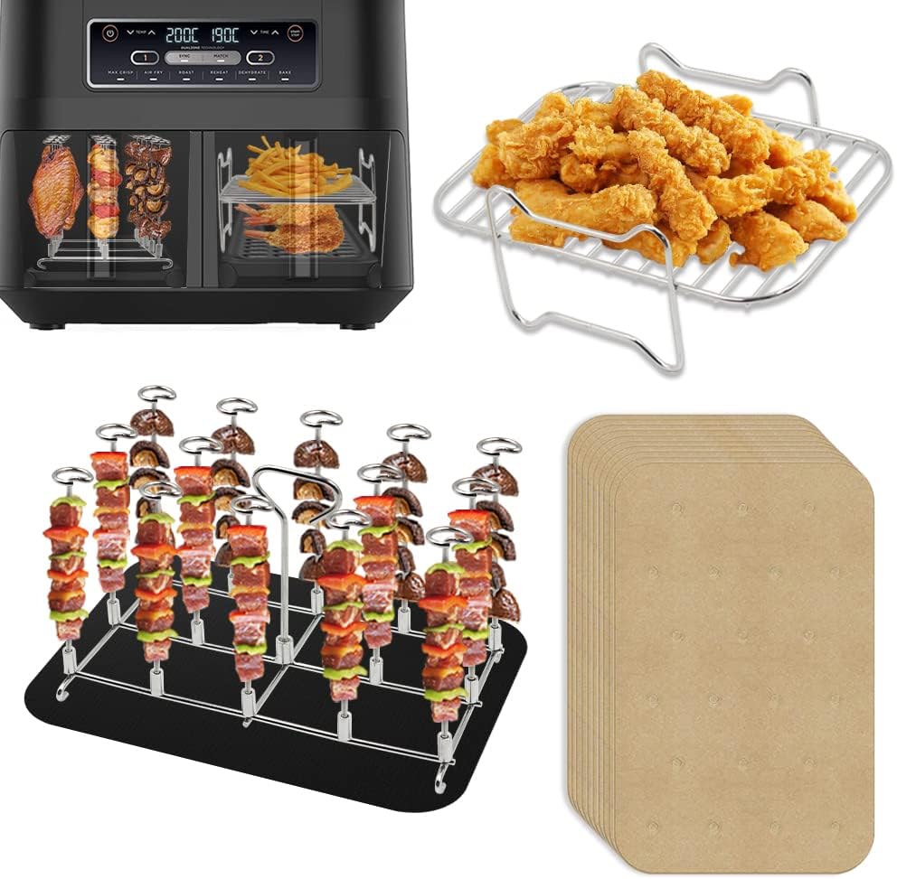 Edelstahl Grillrost & Spiessen Rack mit 100xBackpapier kompatibel mit Ninja Foodi AF300EU Heissluftf