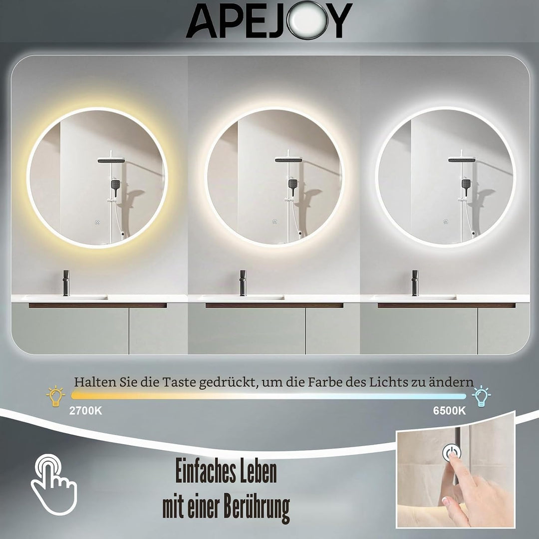 ApeJoy® runder LED Badspiegel ø80cm mit Beleuchtung, Badezimmerspiegel rund mit LED Beleuchtung, LED