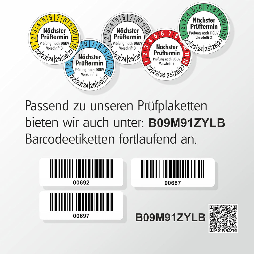560 Prüfplaketten 20mmØ DGUV V3 "Nächster Prüftermin" 2024-2029, selbstklebend, Prüfaufkleber, E-Che