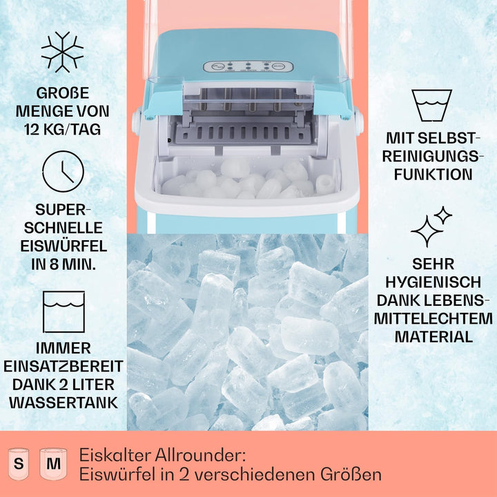 Klarstein Arctic Porter Ice Cube Maker, 12kg/24h, 2 Sizes, Production Time: 8 Minutes, Ice Cubes Per