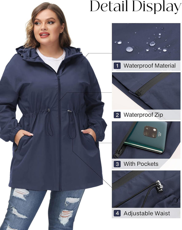 Hanna Nikole Damen Grosse Grösse Regenjacke Leicht Wasserdicht Regenmantel mit Kapuze Windbreaker Sp