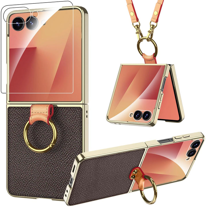 Miimall Lederhülle Kompatibel mit Samsung Galaxy Z Flip 7 Hülle mit Band+Ring Ständer [HD Displaysch