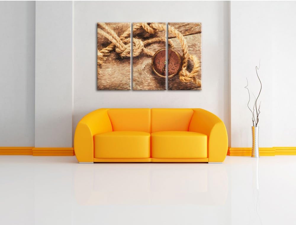 Pixxprint Schiffseil und Kompass als Leinwandbild/Grösse: 3 Teilig (120x80 cm) cm/Wandbild/Kunstdruc