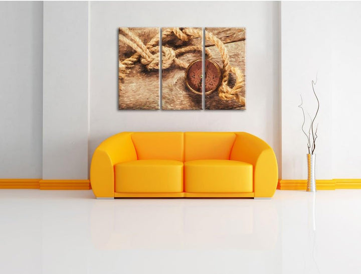 Pixxprint Schiffseil und Kompass als Leinwandbild/Grösse: 3 Teilig (120x80 cm) cm/Wandbild/Kunstdruc