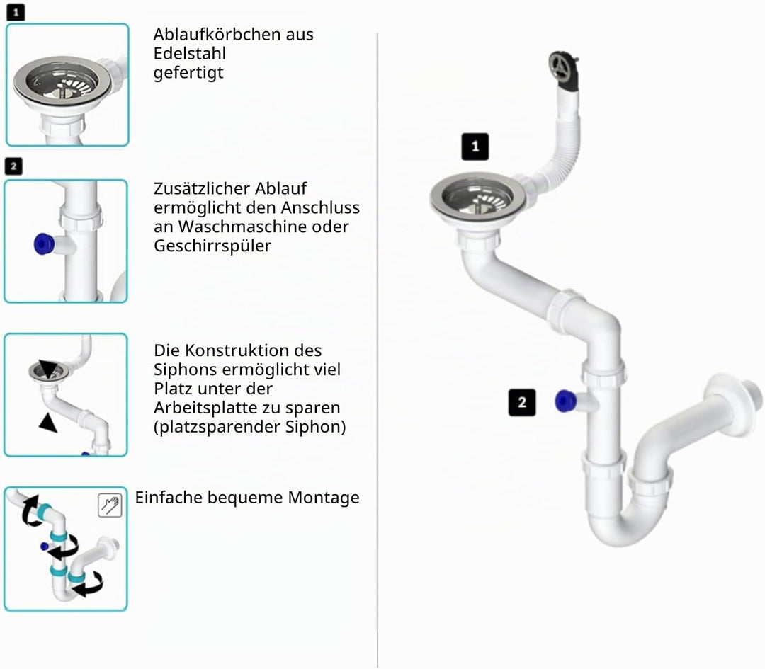 GRANMASTER Ablaufset für 1-Kammer-Spülen, platzsparendes Siphon-Design, Überlaufdeckel, 3 1/2 Zoll S
