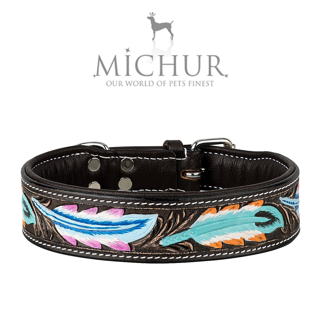 MICHUR Pietro Braun Schwarz mit Feder Muster, Hundehalsband Leder, Lederhalsband Hund, Halsband, Led