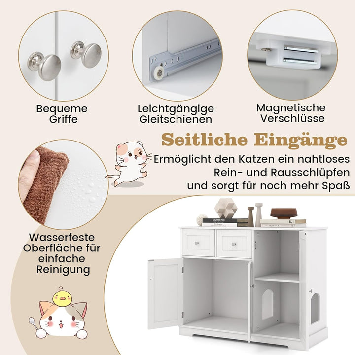 COSTWAY Katzenschrank für Katzentoilette, Katzenklo Schrank mit 2 Schubladen, 3 Türen & Eingang, Kat