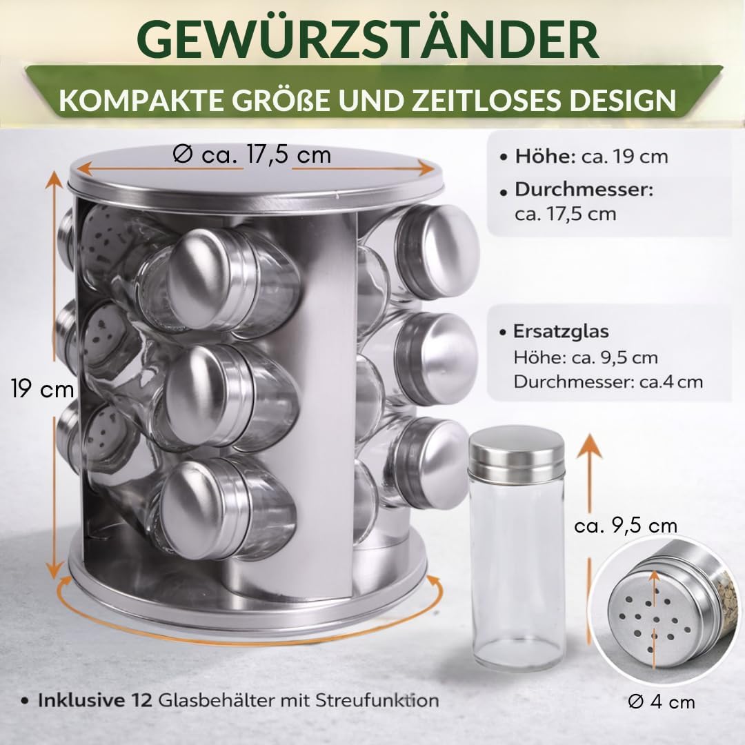 Gewürzregal Set- 12 Gewürzgläser Edelstahl - 360° drehbarer Gewürzständer für Küche -Gewürzkarussell