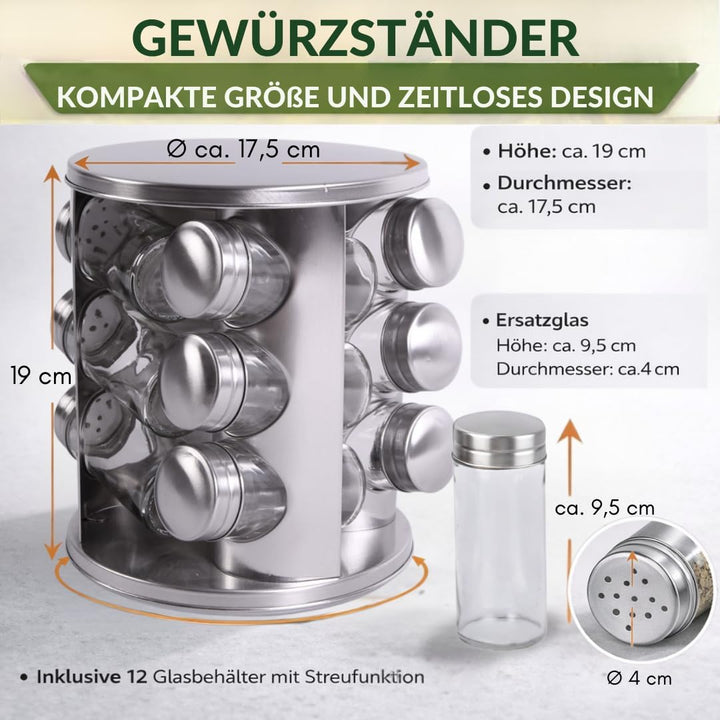 Gewürzregal Set- 12 Gewürzgläser Edelstahl - 360° drehbarer Gewürzständer für Küche -Gewürzkarussell