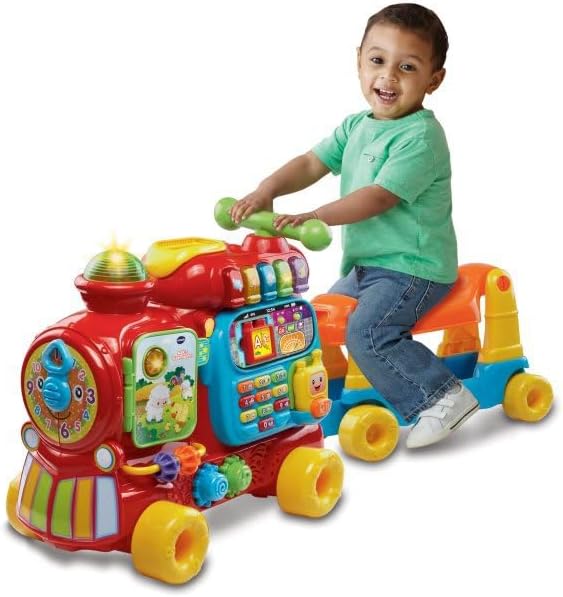 VTech Baby ABC-Eisenbahn – Rutschfahrzeug, Zieh- oder Laufwagen und Spielboard mit Zahlen, Buchstabe