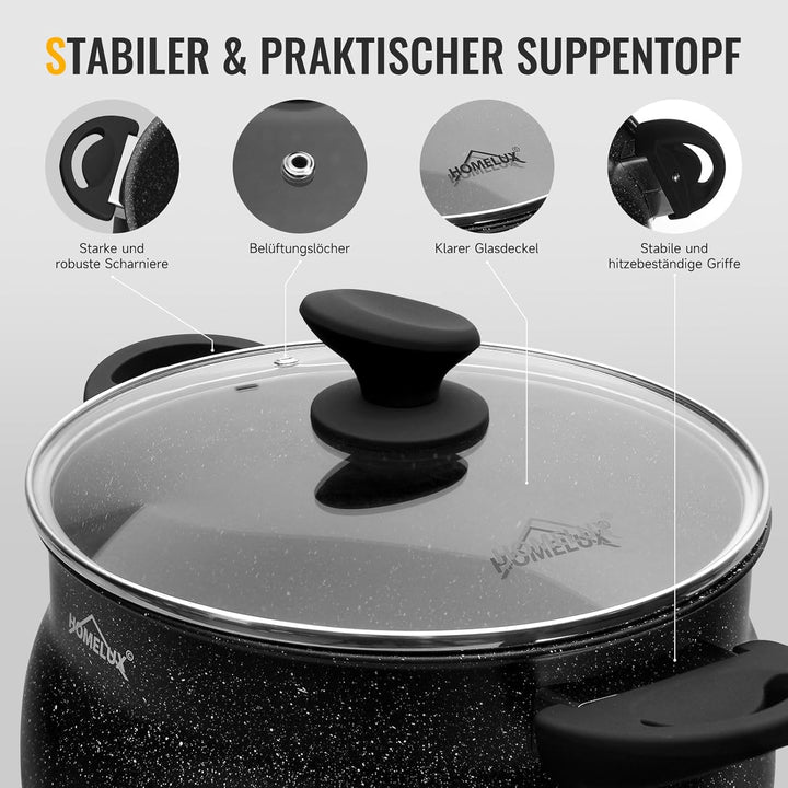 28cm Kochtopf Homelux Topf Induktions Kochtopf mit Glasdeckel,Antihaftbeschichtung,12.5L Suppentöpfe