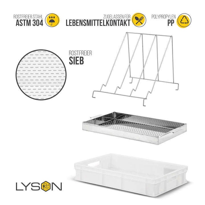 LYSON Entdeckelungsgeschirr Entdeckelungswanne aus Kunststoff mit Edelstahlsieb und Universalrahmens