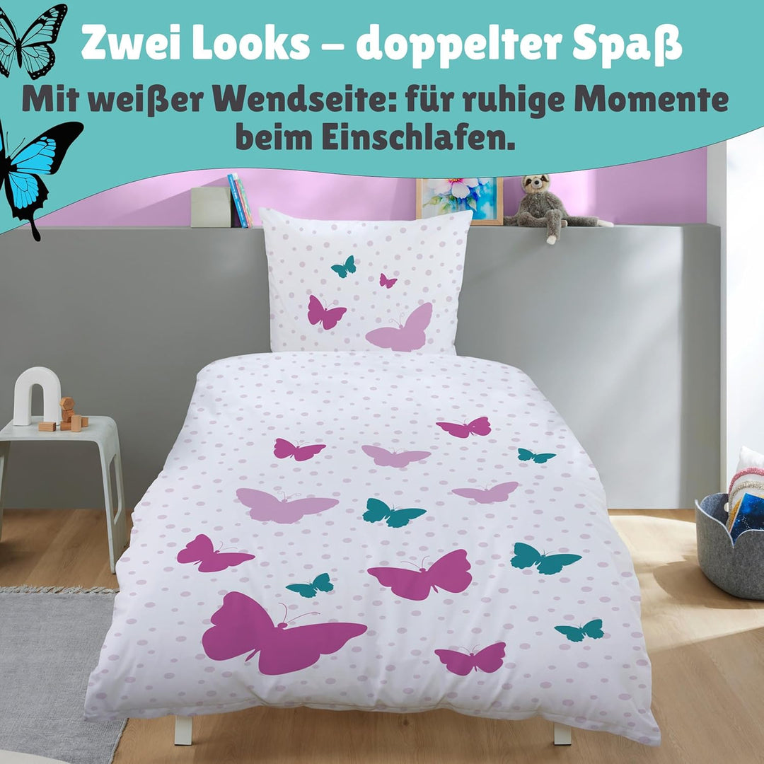 CTI - Bettwäsche Set Schmetterlinge 135x200 cm 80x80 cm Baumwolle türkis rosa Linon Wendebettwäsche