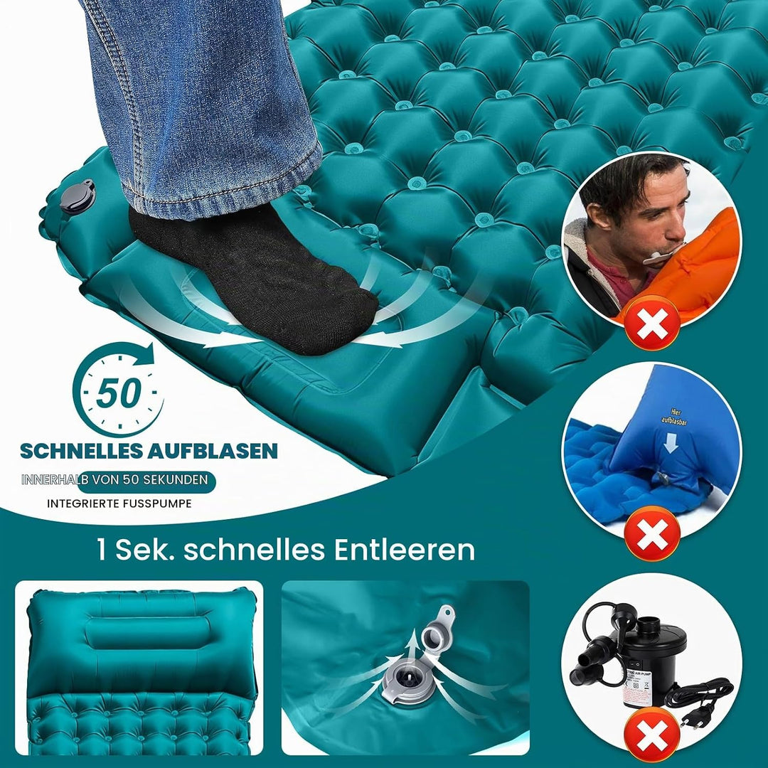Isomatte Selbstaufblasend, wasserdichte Aufblasbare Schlafmatte mit Fusspumpe und Kissen, Ultraleich