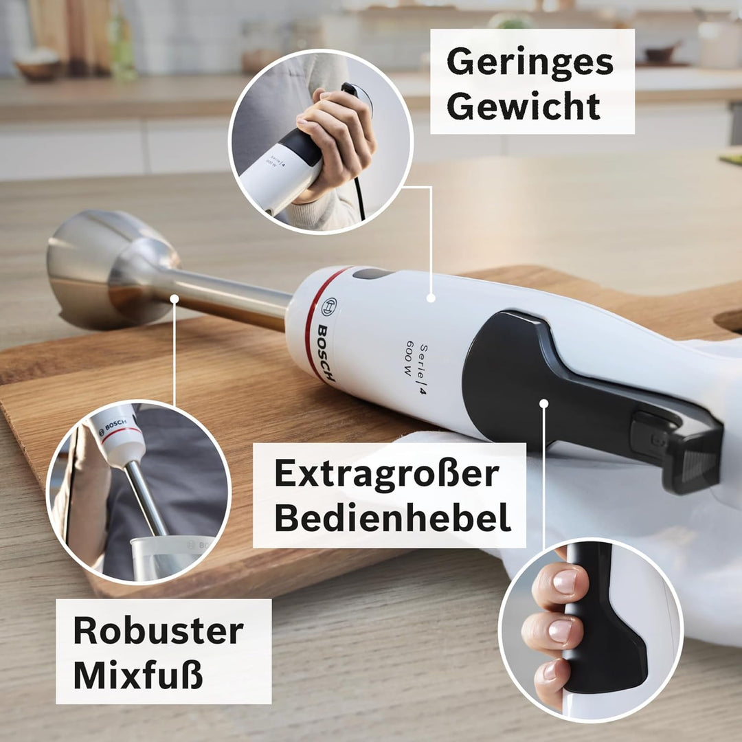 Bosch Stabmixer ErgoMaster Serie 4, einhändig bedienbar, 4 Edelstahl-Klingen, verschleissfreie Keram